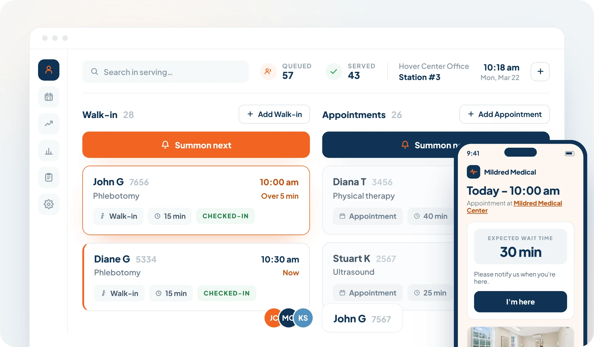 Front-desk station view showing walk-in and appointment queues with Summon next buttons, queued and served counts, and a patient phone status page for an appointment at Mildred Medical with an I'm here button.